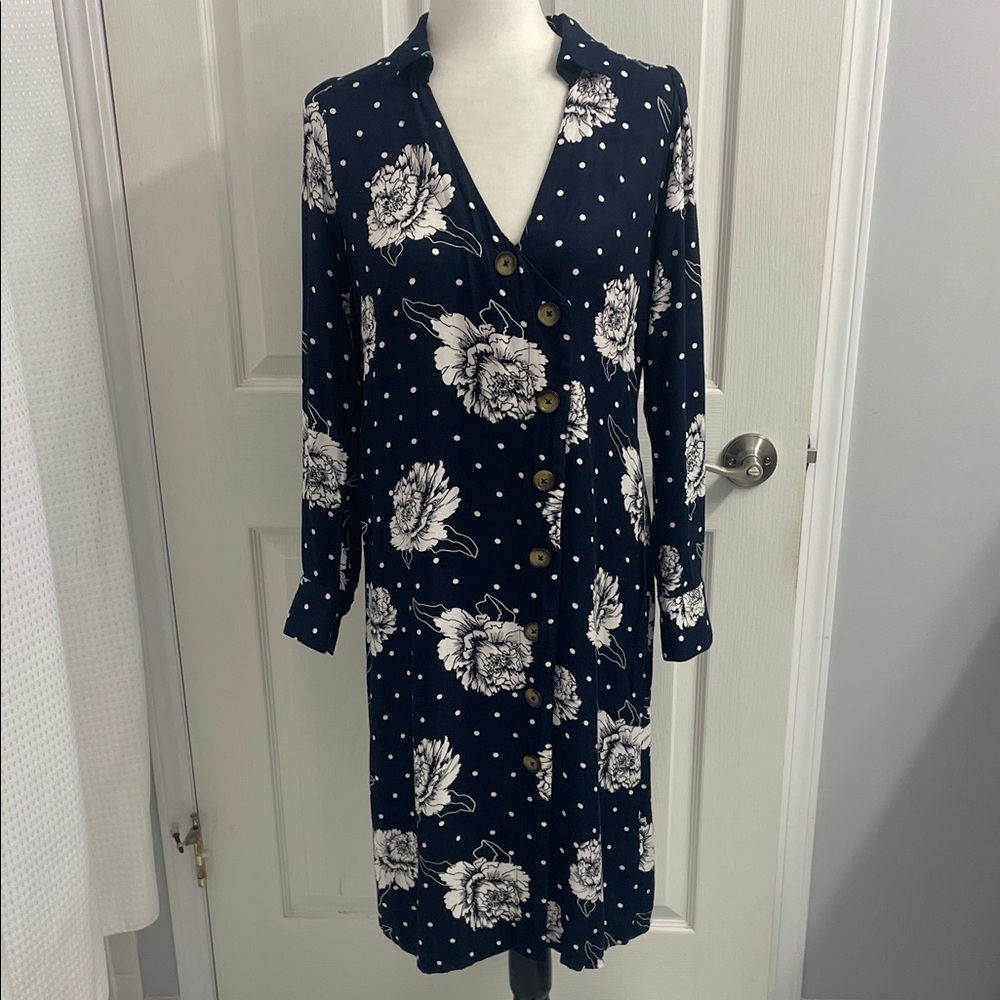 Kaffe Floral Button-Down Navy Wrap Dress V Neck Long Sleeve Button Cuffs Sz 34EU - Picture 2 of 16